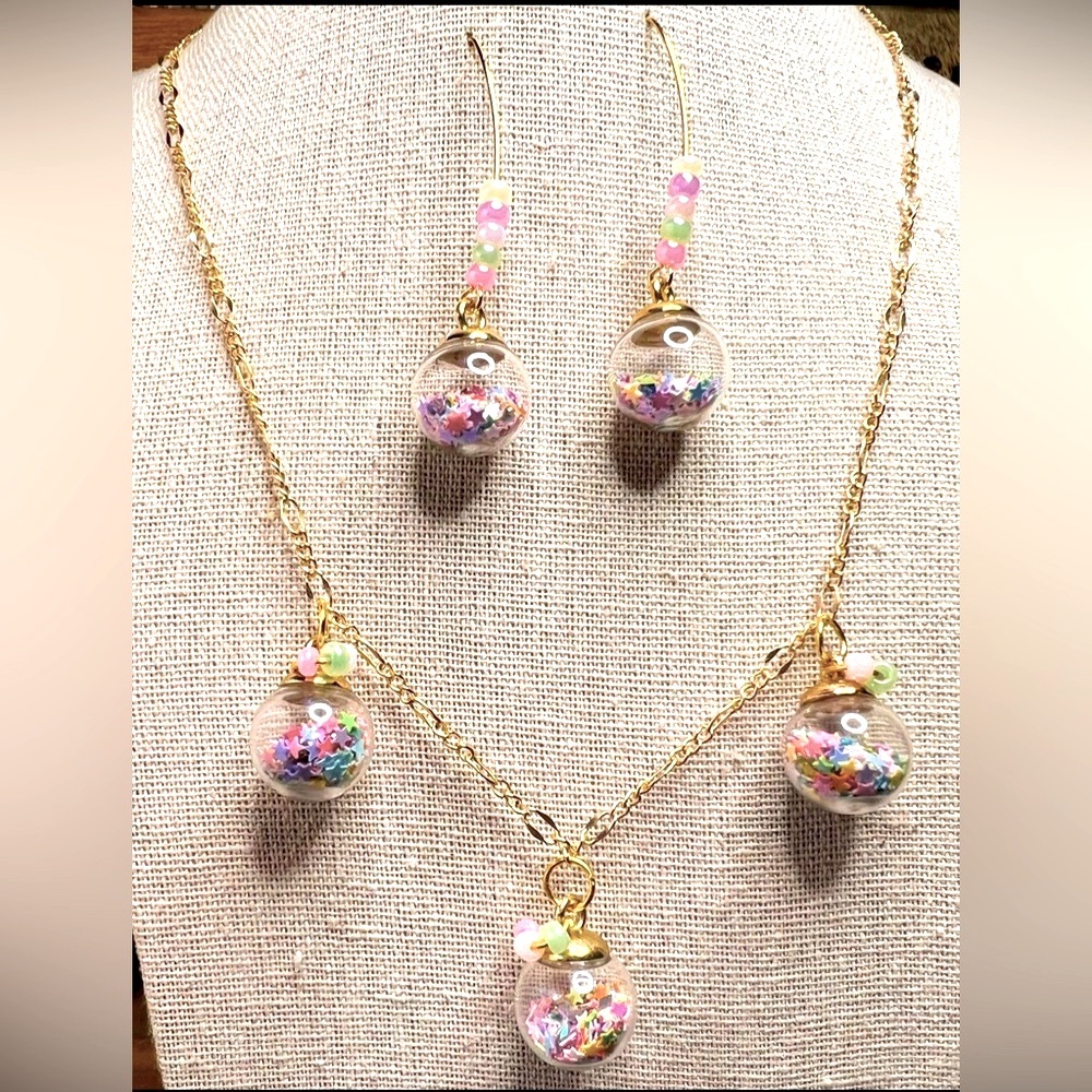 Set: Multi colored Confetti glass ball necklace and earring set